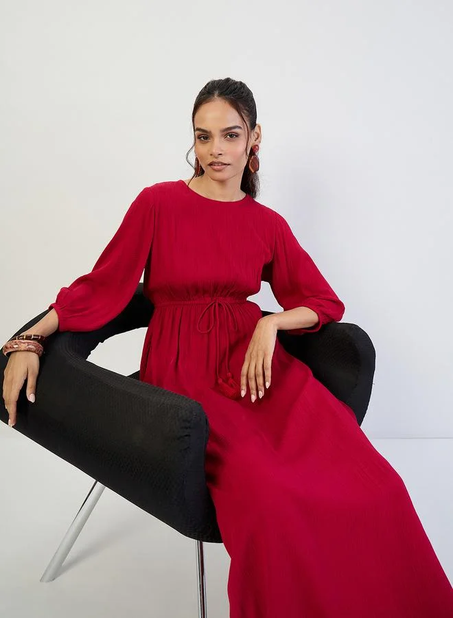 Femmella Deep Red Crinkled Round Neck Maxi Dress