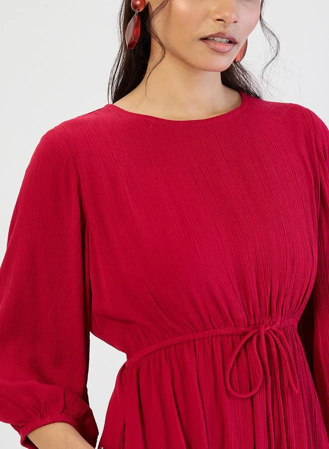 Femmella Deep Red Crinkled Round Neck Maxi Dress