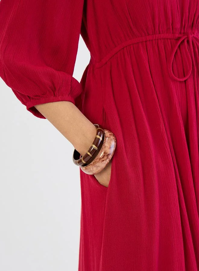 Femmella Deep Red Crinkled Round Neck Maxi Dress