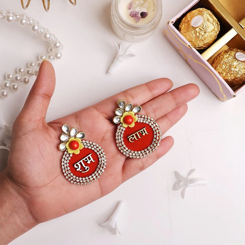 Shubhanjali Fabric Shubh Labh Sticker for Door 1 Pair Oval Flower Sticker for Main Door Entrance Diwali Wall Dcor Puja Room Festival Decoration - Image 2