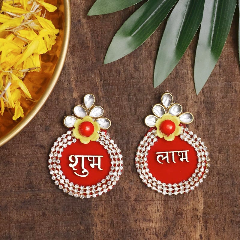 Shubhanjali Fabric Shubh Labh Sticker for Door 1 Pair Oval Flower Sticker for Main Door Entrance Diwali Wall Dcor Puja Room Festival Decoration - Image 1