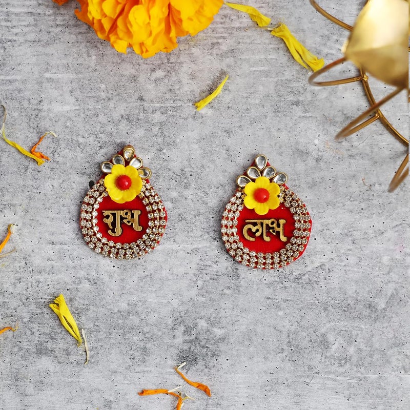 Shubhanjali Fabric Shubh Labh Sticker for Door 1 Pair Oval Flower Sticker for Main Door Entrance Diwali Wall Dcor Puja Room Festival Decoration - Image 3