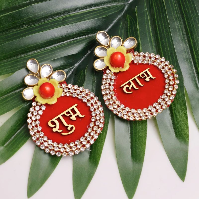 Shubhanjali Fabric Shubh Labh Sticker for Door 1 Pair Oval Flower Sticker for Main Door Entrance Diwali Wall Dcor Puja Room Festival Decoration - Image 5