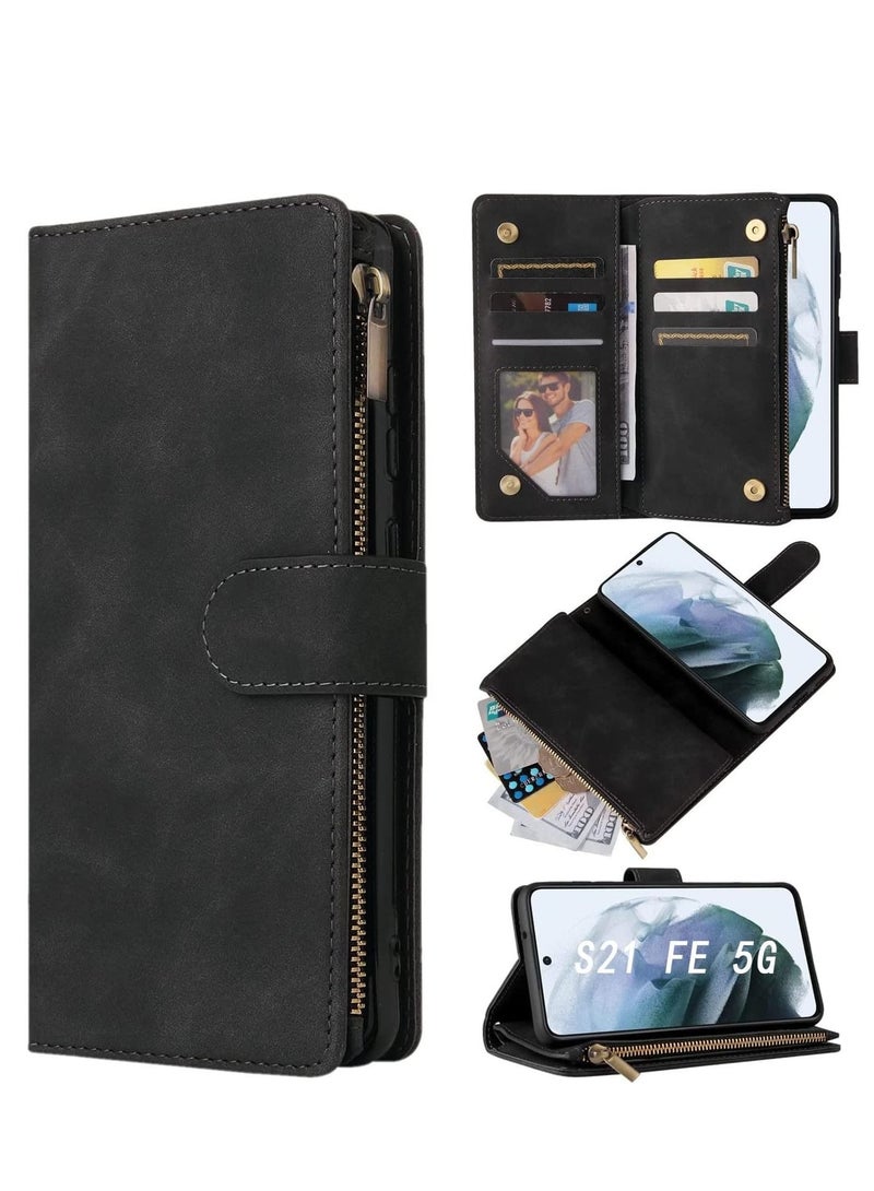 Captaintech Case for Samsung S21 FE 5G Wallet with Card Slot,Excefore Premium Soft PU Leather Zipper Flip Folio Wrist Strap Kickstand Protective Galaxy 6.4 inch Black - Image 1