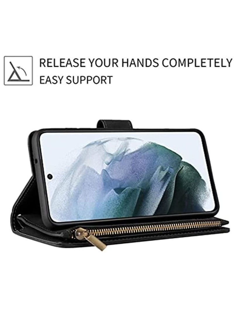 Captaintech Case for Samsung S21 FE 5G Wallet with Card Slot,Excefore Premium Soft PU Leather Zipper Flip Folio Wrist Strap Kickstand Protective Galaxy 6.4 inch Black - Image 4