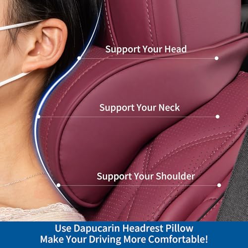 Dapucarin Car Headrest Memory Foam Neck Pillow for Driving with Genuine Nappa Leather Cover Soft Comfortable Seat Head Pillow Cushion for Most Cars SUV Sedan Home Office Red (2PC) - Image 2