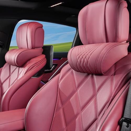 Dapucarin Car Headrest Memory Foam Neck Pillow for Driving with Genuine Nappa Leather Cover Soft Comfortable Seat Head Pillow Cushion for Most Cars SUV Sedan Home Office Red (2PC) - Image 1