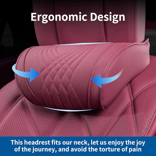Dapucarin Car Headrest Memory Foam Neck Pillow for Driving with Genuine Nappa Leather Cover Soft Comfortable Seat Head Pillow Cushion for Most Cars SUV Sedan Home Office Red (2PC) - Image 3