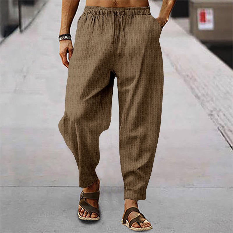 Mens Summer Hip-Hop Cotton Linen Striped Casual Pants D.Brown