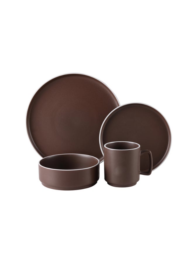 Bien Servi 16-Piece Contemporary Design Stoneware Dinner Set Brown 28.5 x 28.5 x 30 cm ST7578-BWN 