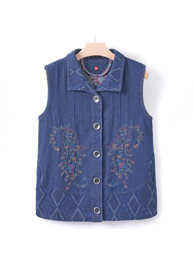 Old Lady's New Spring Clothes Denim Cotton Vest Grandma's Embroidered Spring And Autumn Ware Jacket For Middle-aged And Elderly Women's Wear Thin Vest