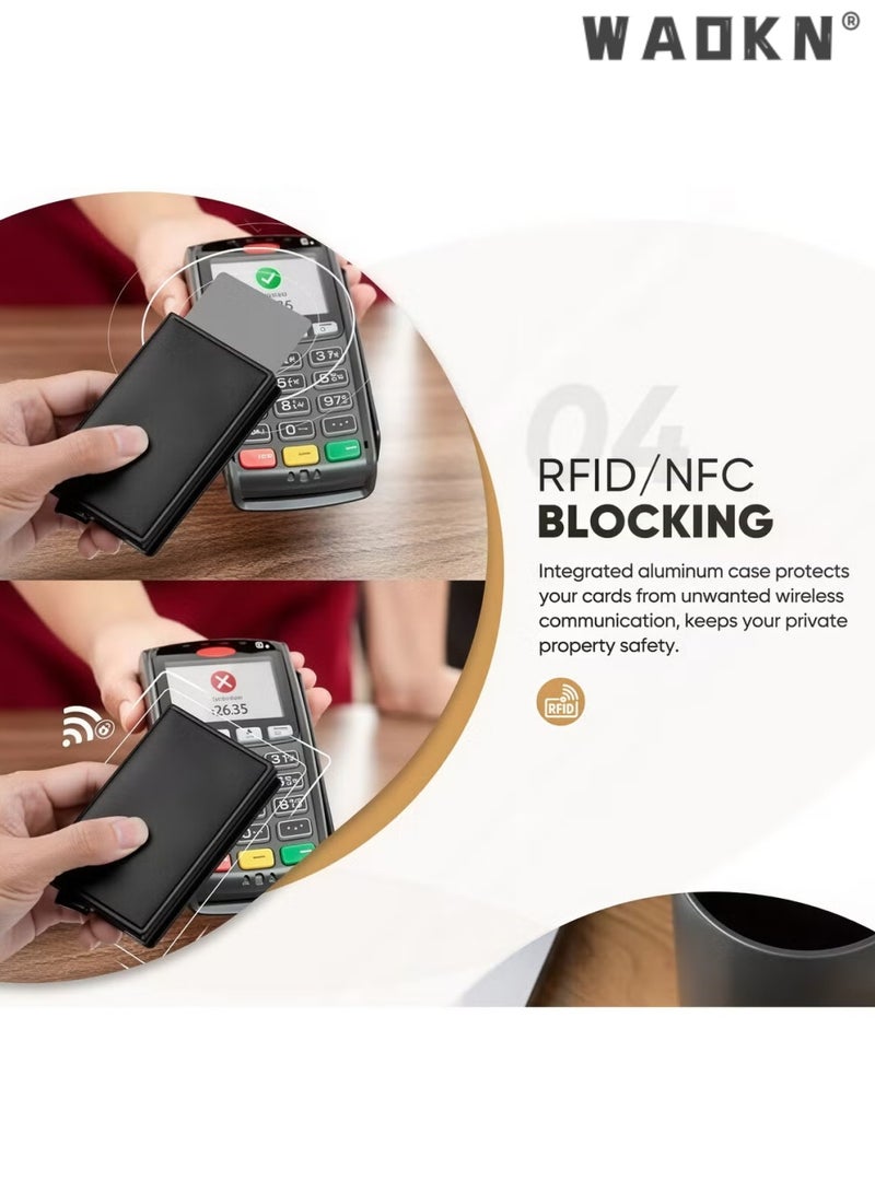 دبليو أيه أو كي أن محفظات الرجال الأوروبية الرجعية - RFID حظر المدمجة محفظة Pop Up حامل البطاقة - محفظة الجلد المزدوج مسطحة أسود الجلد الأصلي مقاومة للخدش محفظة آمنة، غير رسمية في الهواء الطلق، السفر، هدية له (3.93 * 2.75 * 0.78in) - Image 5