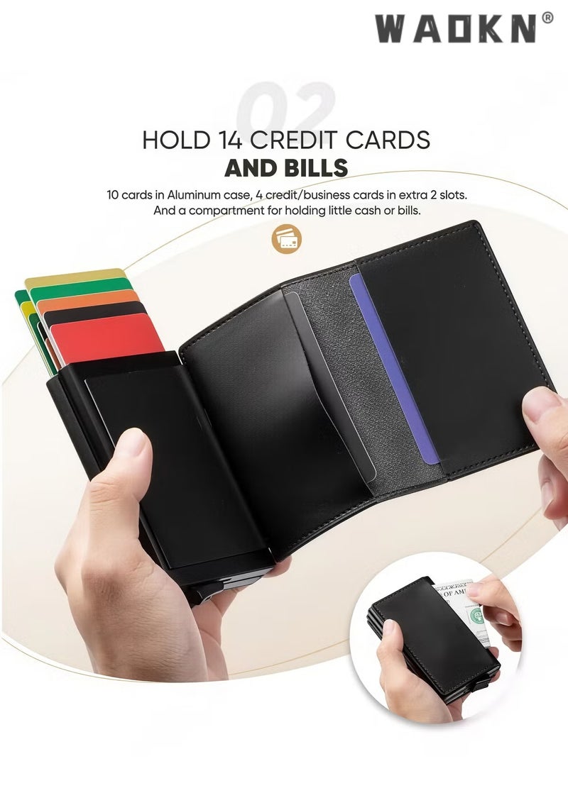 دبليو أيه أو كي أن محفظات الرجال الأوروبية الرجعية - RFID حظر المدمجة محفظة Pop Up حامل البطاقة - محفظة الجلد المزدوج مسطحة أسود الجلد الأصلي مقاومة للخدش محفظة آمنة، غير رسمية في الهواء الطلق، السفر، هدية له (3.93 * 2.75 * 0.78in) - Image 2