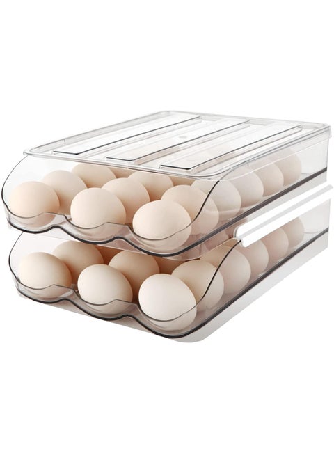 Egg Holder for Refrigerator, Automatically Rolling Egg Storage Container for Refrigerator, Large Capacity Egg Organizer for Fridge with Lid,Clear Plastic Egg Dispenser, Egg Tray & Bin, 2 Layer