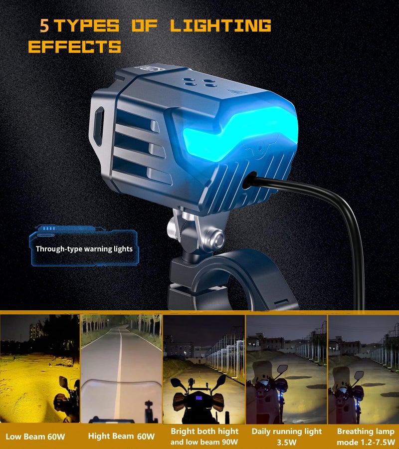 Kewig Motorcycle Auxiliary LED Fog Light 60W White Amber LED Spotlight Auxiliary Light Kit with Mount Bracket Wire Harness Waterproof Offroad Driving Lights Compatible with Motorcycle Bike Truck - Image 3