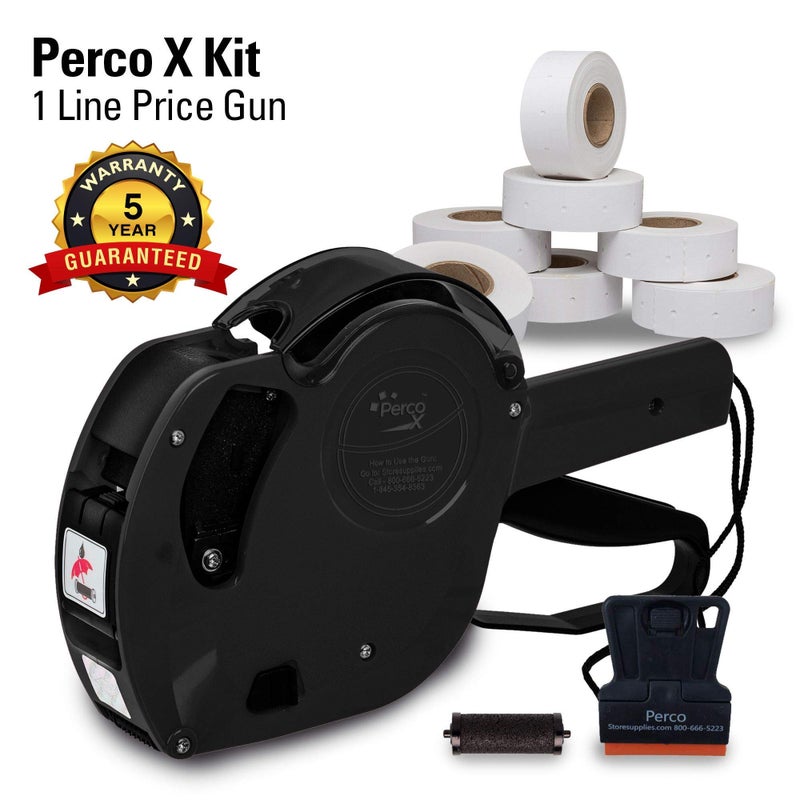 بيركو Perco X 1 Line Price Gun Kit - مسدس ملصقات بخط واحد مع 9000 ملصق أبيض فارغ ومحبر إضافي - Image 2