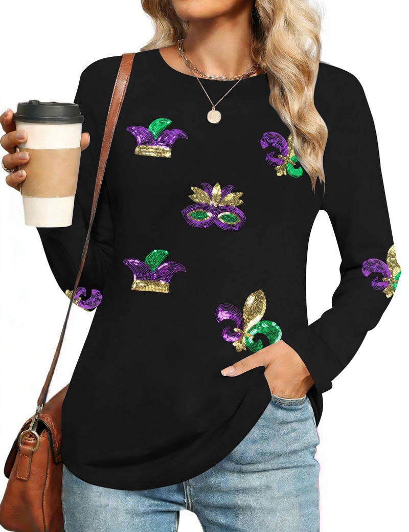 MAXIMGR Mardi Gras Sweatshirt Women Sequin Fat Tuesday Sweater Masks Graphic Shirt Carnival Crewneck Long Sleeve Tops - Image 1