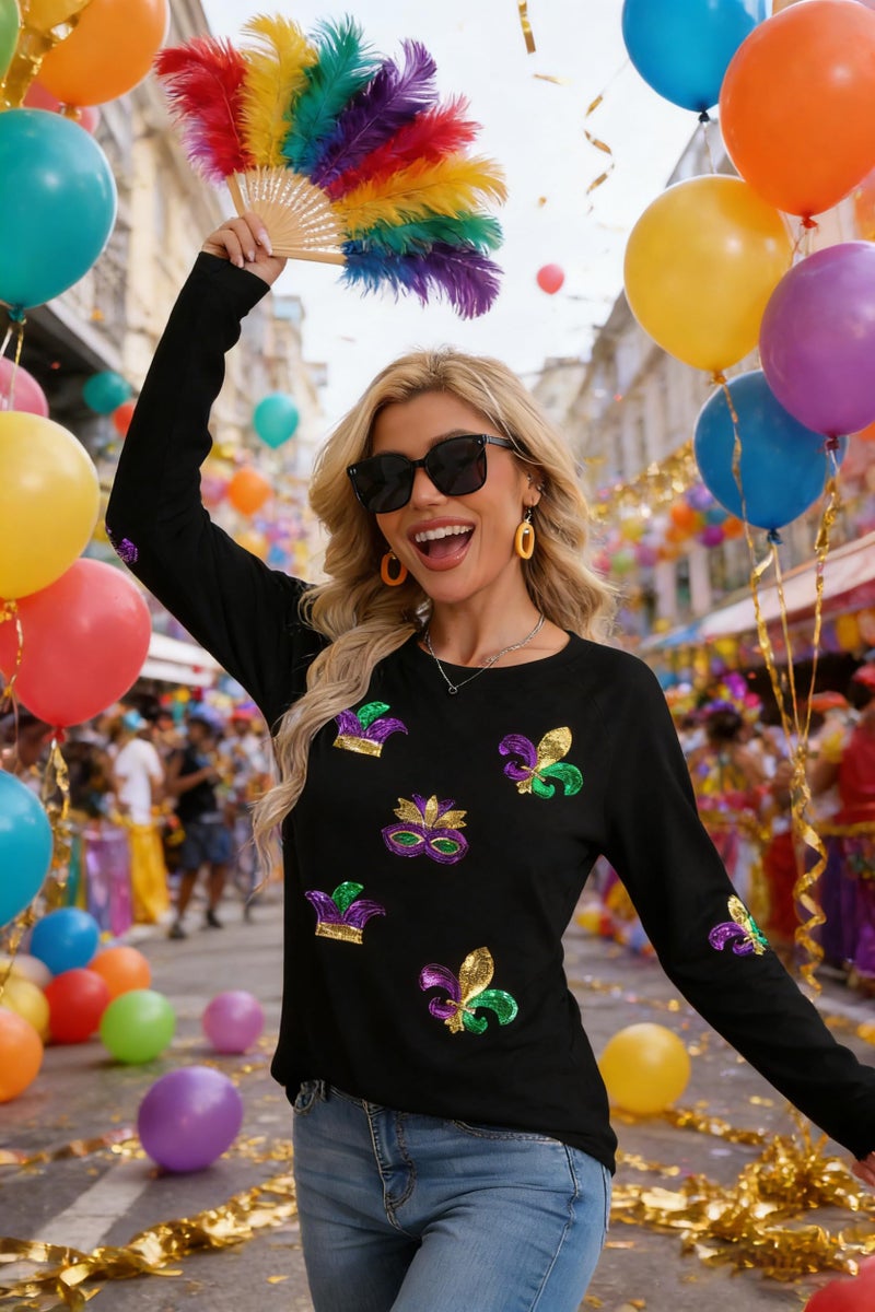 MAXIMGR Mardi Gras Sweatshirt Women Sequin Fat Tuesday Sweater Masks Graphic Shirt Carnival Crewneck Long Sleeve Tops - Image 3