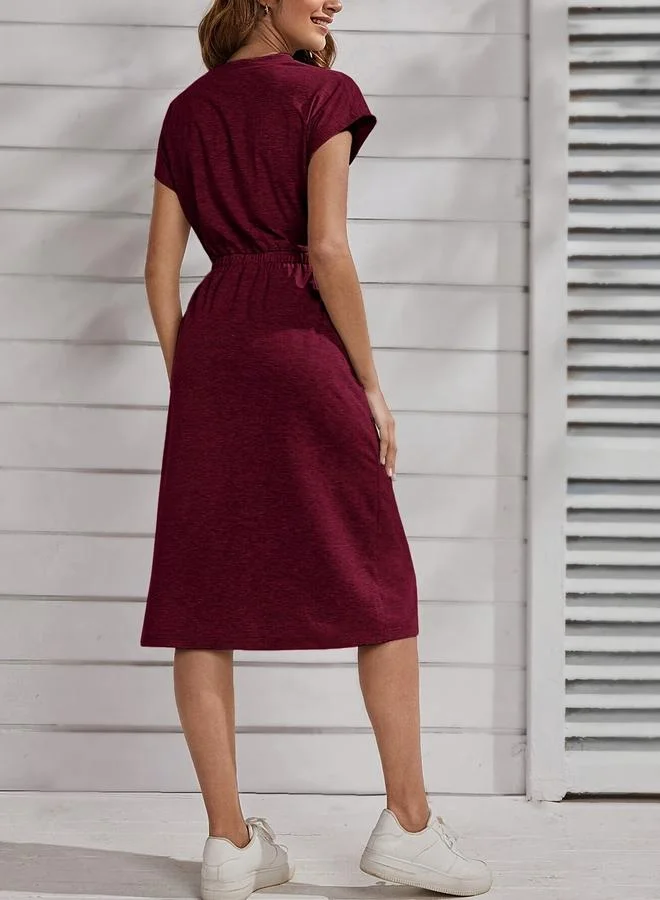 Take Two Burgundy Solid T-Shirt Midi Dress