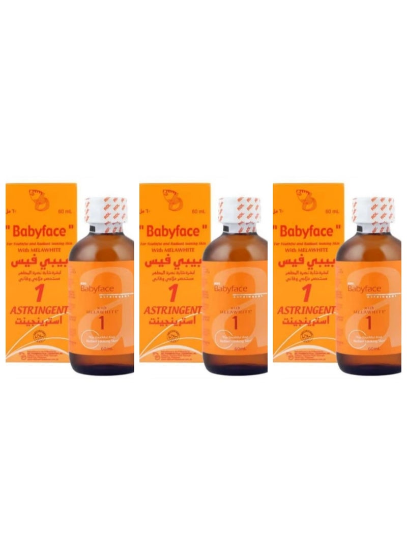 Three Pcs Of Babyface No1 Asringent For Youthful and Radiant Looking Skin Anti Acne Depigmenting Agent 60 ml