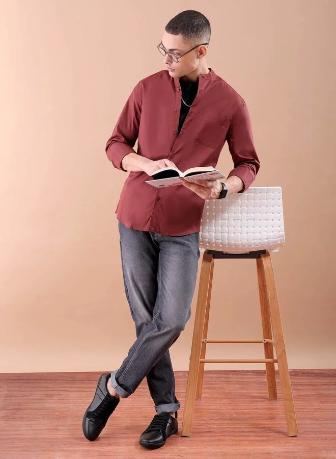 The Indian Garage Co Men Regular Fit Solid Full Sleeves Mandarin Collar Casual Shirt