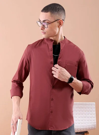 شركة المرآب الهندية Men Regular Fit Solid Full Sleeves Mandarin Collar Casual Shirt