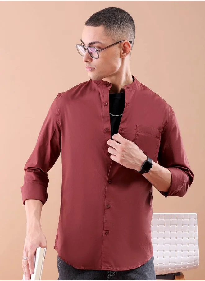 The Indian Garage Co Men Regular Fit Solid Full Sleeves Mandarin Collar Casual Shirt