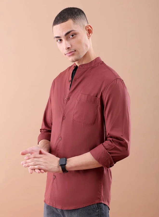 The Indian Garage Co Men Regular Fit Solid Full Sleeves Mandarin Collar Casual Shirt