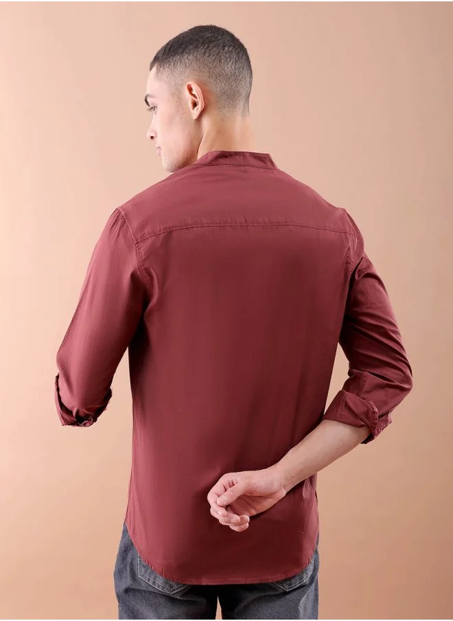 The Indian Garage Co Men Regular Fit Solid Full Sleeves Mandarin Collar Casual Shirt
