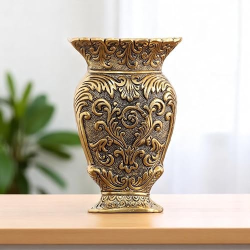 Kridaykraft Decorative Metal Vase, Antique Gold Finish, Baroque Floral Pattern, Traditional Ornate Design - Image 3