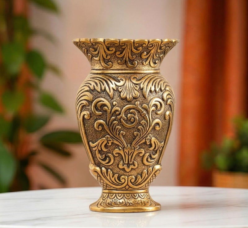 Kridaykraft Decorative Metal Vase, Antique Gold Finish, Baroque Floral Pattern, Traditional Ornate Design - Image 1