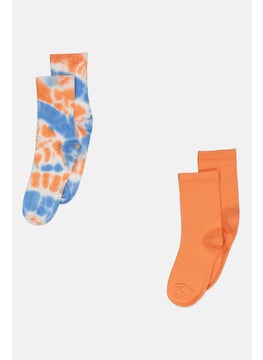 Women 2 Pairs Tie Dye And Plan High Sock, Orange/Blue