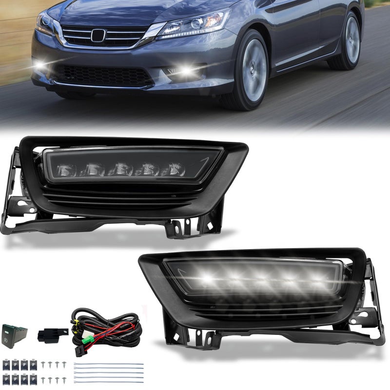 Shocklight LED Fog Lights Assembly Replacement Fit for 2013 2014 2015 Honda Accord 4 Door Sedan wSwitch Wirning Harness Clear Lens1 set