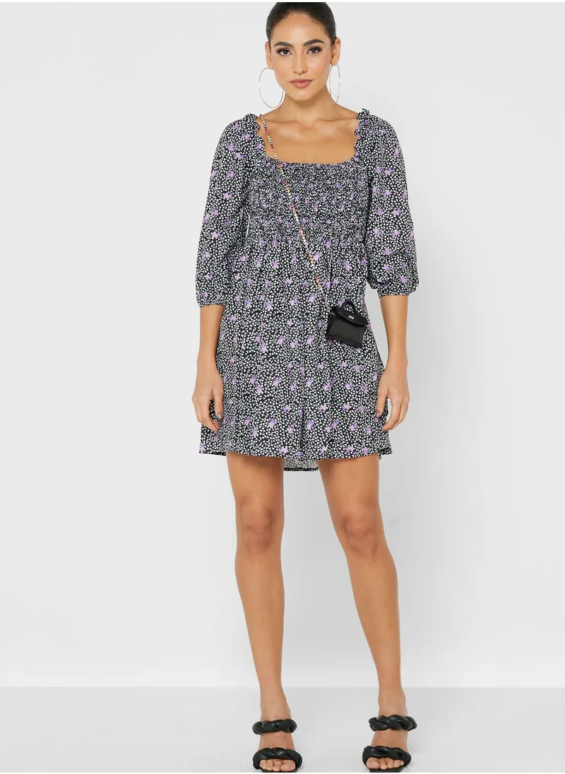 ELLA Gathered Waist Square Neck Printed Dress