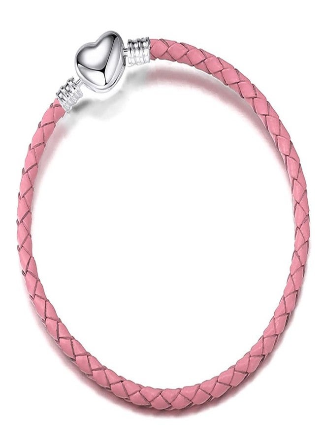 OutstandLong 3mm Pink Leather Charm Bracelet Heart Barrel Snap Clasp Handmade Braided Wristband for Pandora European Charm Bead DIY Jewelry 18CM - Image 1