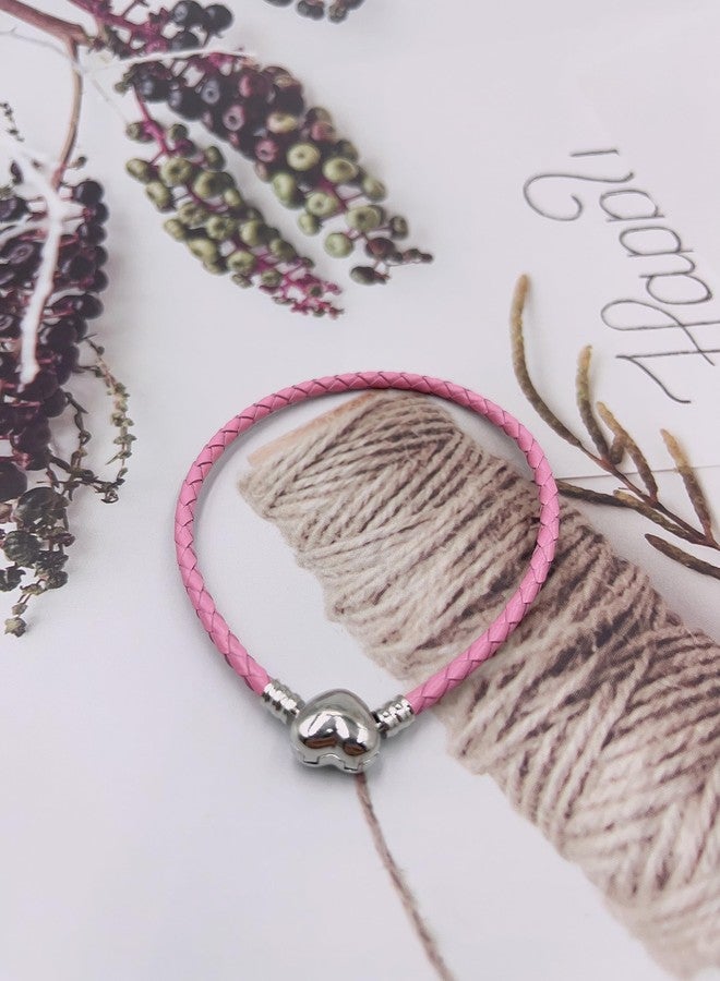 OutstandLong 3mm Pink Leather Charm Bracelet Heart Barrel Snap Clasp Handmade Braided Wristband for Pandora European Charm Bead DIY Jewelry 18CM - Image 4