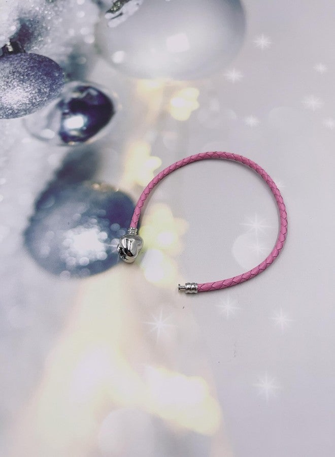 OutstandLong 3mm Pink Leather Charm Bracelet Heart Barrel Snap Clasp Handmade Braided Wristband for Pandora European Charm Bead DIY Jewelry 18CM - Image 3