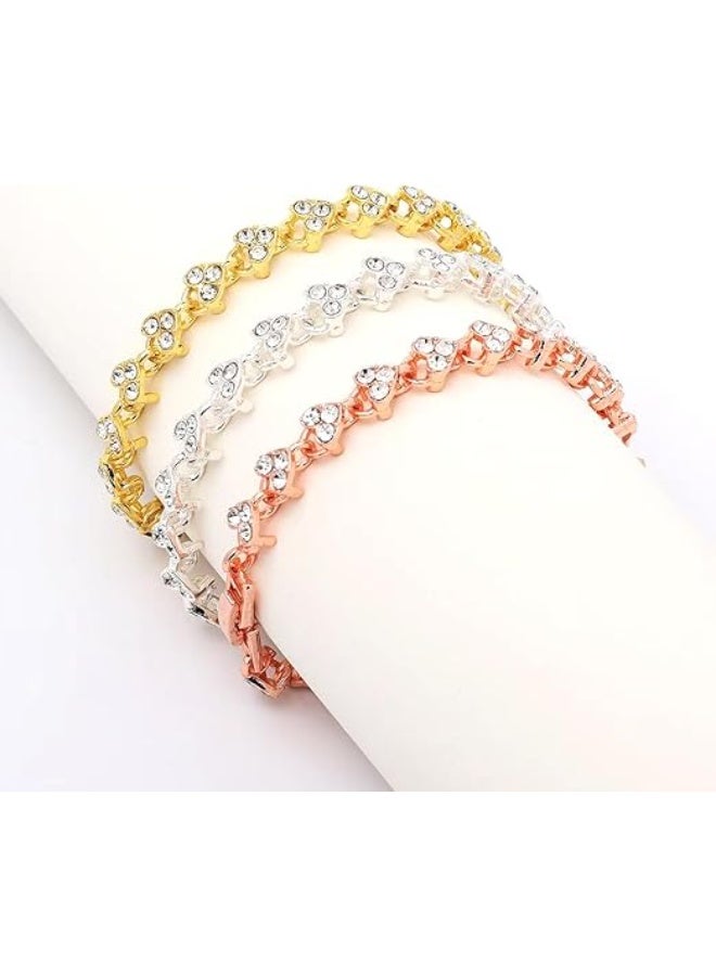 م اكس م طقم أساور نسائي (3 قطع) – ذهب، فضي وذهبي وردي | أساور سبيكة بشكل قلب كلاسيكي | أسلوب روماني أنيق هدية مثالية للنساء والبنات - Image 1