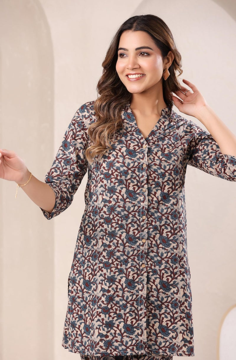 Janasya Women's Beige Pure Cotton Floral Printed Straight Co-ord Set (JAC24CD01435-XS) - Image 2