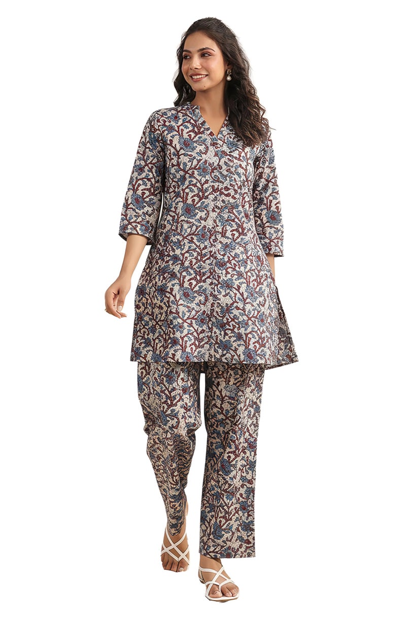 Janasya Women's Beige Pure Cotton Floral Printed Straight Co-ord Set (JAC24CD01435-XS) - Image 1
