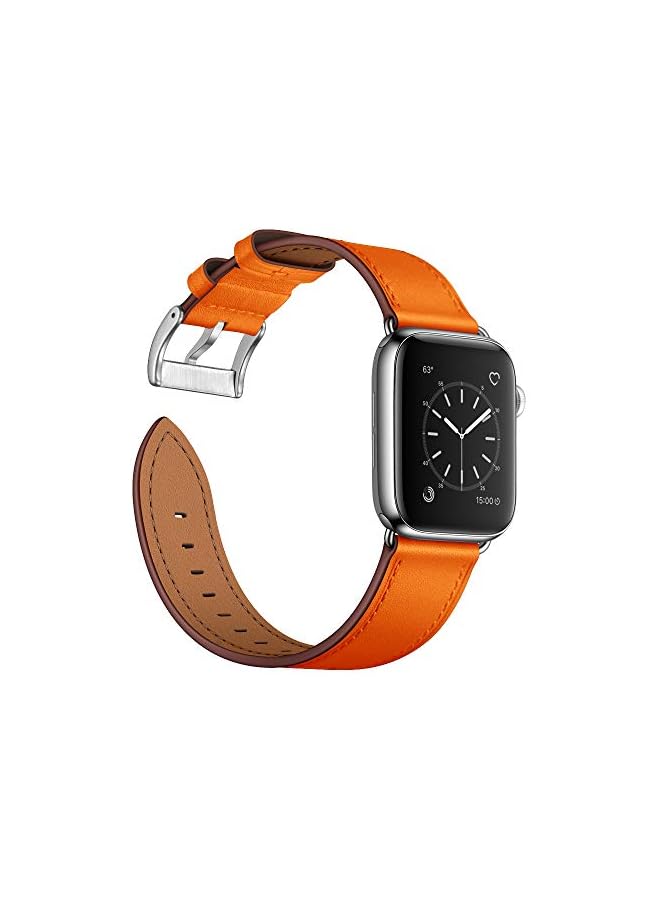 Leather Bands Compatible with Apple Watch Band 49mm/46mm/45mm/44mm/42mm, Genuine Leather Strap for iWatch Series 11/10/9/8/7/6/5/4/3/2/1 & Ultra 3/2/1 & SE3 SE2 SE, Orange/Silver - Image 3