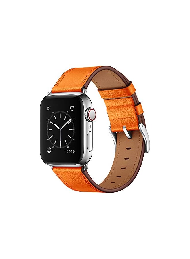 Leather Bands Compatible with Apple Watch Band 49mm/46mm/45mm/44mm/42mm, Genuine Leather Strap for iWatch Series 11/10/9/8/7/6/5/4/3/2/1 & Ultra 3/2/1 & SE3 SE2 SE, Orange/Silver - Image 1