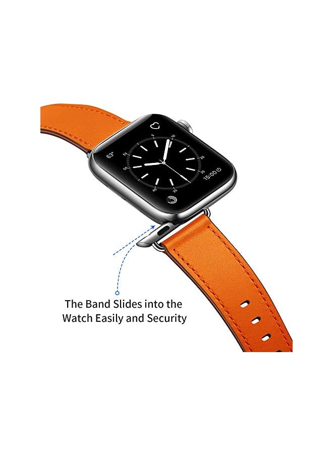 Leather Bands Compatible with Apple Watch Band 49mm/46mm/45mm/44mm/42mm, Genuine Leather Strap for iWatch Series 11/10/9/8/7/6/5/4/3/2/1 & Ultra 3/2/1 & SE3 SE2 SE, Orange/Silver - Image 4