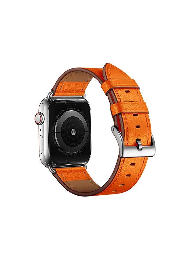 Leather Bands Compatible with Apple Watch Band 49mm/46mm/45mm/44mm/42mm, Genuine Leather Strap for iWatch Series 11/10/9/8/7/6/5/4/3/2/1 & Ultra 3/2/1 & SE3 SE2 SE, Orange/Silver - Image 2