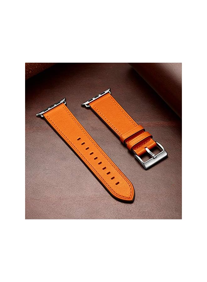 Leather Bands Compatible with Apple Watch Band 49mm/46mm/45mm/44mm/42mm, Genuine Leather Strap for iWatch Series 11/10/9/8/7/6/5/4/3/2/1 & Ultra 3/2/1 & SE3 SE2 SE, Orange/Silver - Image 5