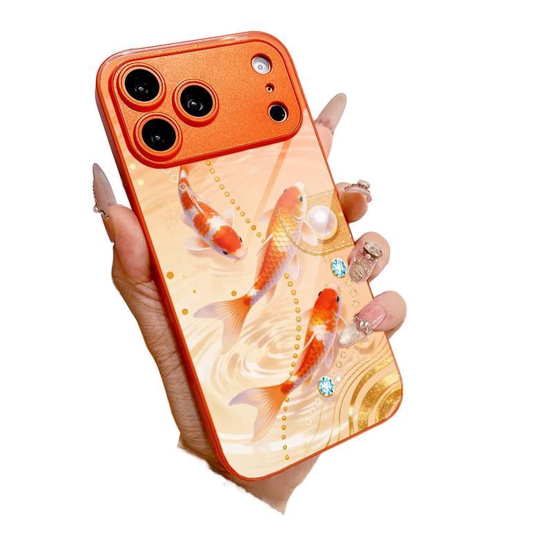 Protective Case, Orange, Glass, Orange Pearl Diamond Koi Pattern, Anti-Slip Grip, Cover for iPhone 17 / 17 Air / 17 Pro / 17 Pro Max - Image 1