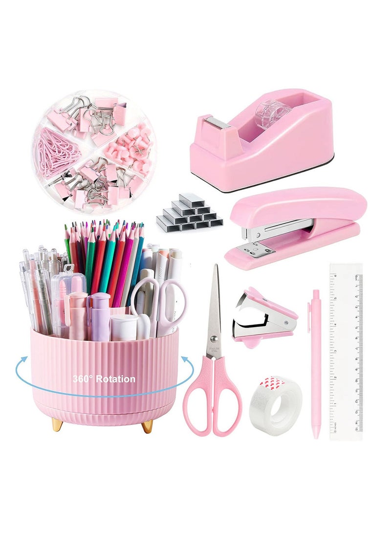 General Pink Desk Accessories, Pink Office Supplies, Desk Organizer & 360° Desk Accessories with Tape Dispenser, Stapler, Staple Removal, 1000 Staples  - Image 1