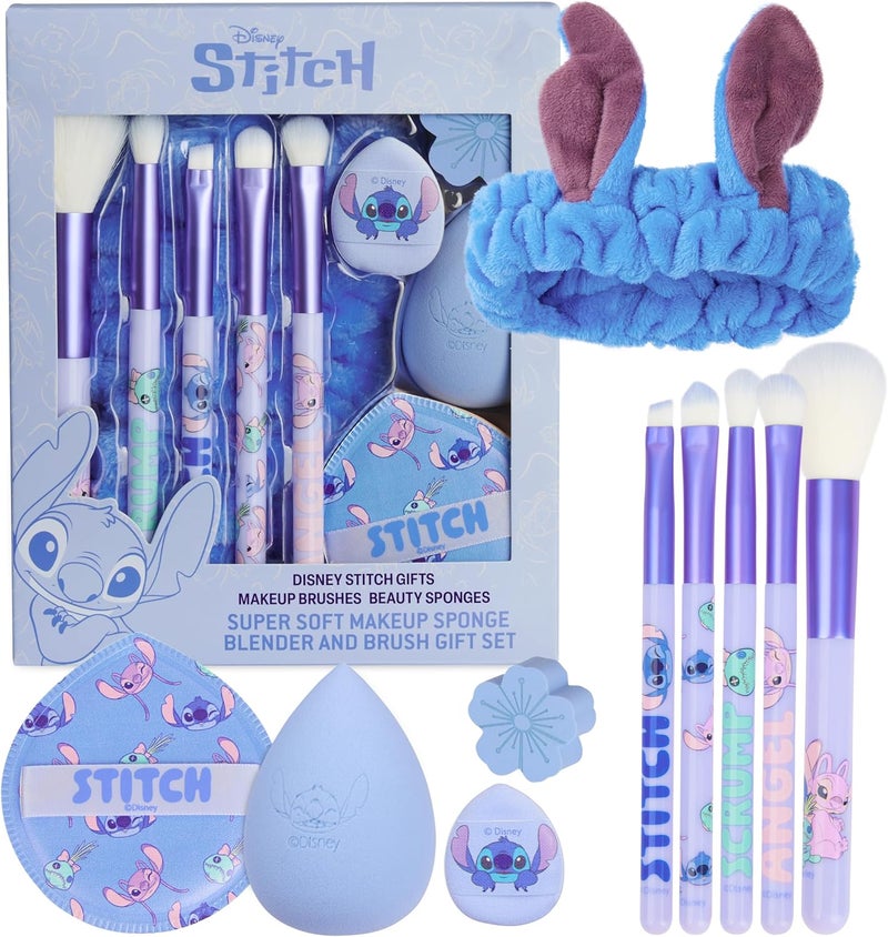Get Trend Disney Stitch Makeup Brushes Beauty Tools Set 10 Pcs with Powder Puff Fluffy Headband Beauty Sponge Eyeshadow Brushes Gifts for Her Blue Stitch