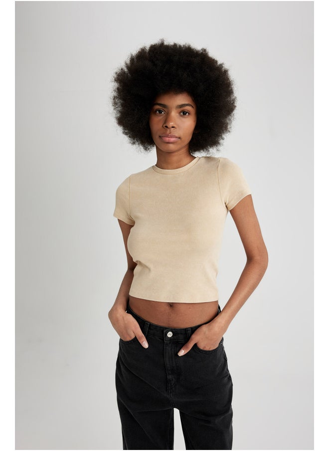 DeFacto - Woman Fitted Crew Neck Knitted Short Sleeve T-Shirt - Image 1