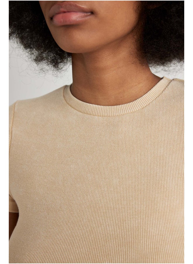 DeFacto - Woman Fitted Crew Neck Knitted Short Sleeve T-Shirt - Image 1